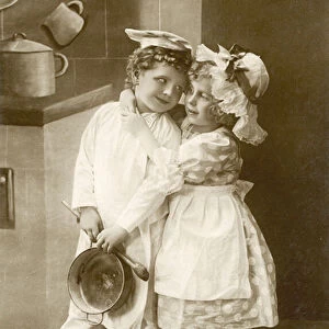 Two children dressed as cooks (b / w photo)