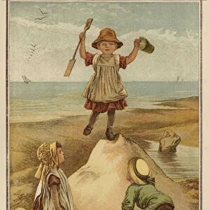 Children playing king of the castle at the seaside (colour litho)