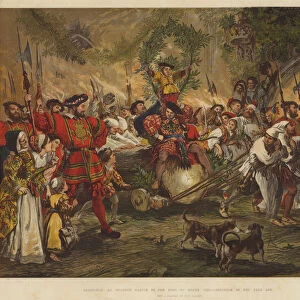 Christmas at Windsor Castle in the Time of Henry VIII, bringing in the Yule Log (colour litho)