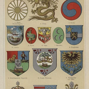 Coats of arms of Hawaii and countries of Asia and Africa (colour litho)