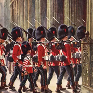 Coldstream Guards entering the Bank of England for guard duty (colour litho)