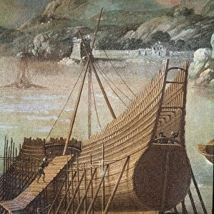 Construction of a galleon in a shipyard in Genoa (Detail. Painting, 17th century)