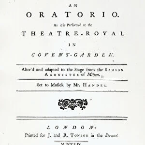 Cover of Sheet Music for Samson, an Oratorio by Handel, published in 1759 (engraving)