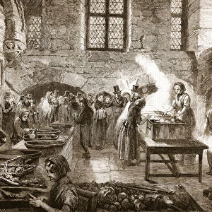 The Distress in Coventry: distribution of soup for distressed weavers in the kitchen of St. Marys Hall, illustration from The Illustrated London News, 9th Feb 1861 (litho)