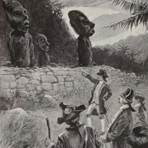 Examining the statues on Easter Island (litho)