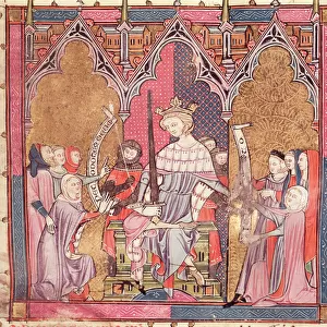 F. 3r The King Administering Justice, from Justiniani in Fortiatum (vellum)