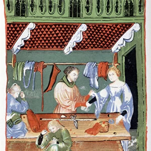 Fabric dealer (tailor?) and seamstress in the Middle Ages