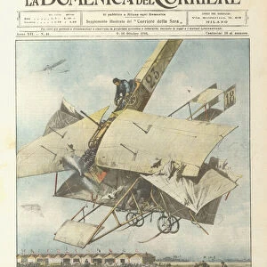 The first air collision between a biplane and an airplane, occurred in Milan on the 1st Corr... (colour litho)