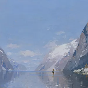 Fjordlandscape with boats (oil on canvas)