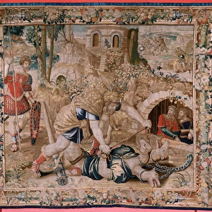 Flemish tapestry. Series The Labours of Hercules. Hercules captures Cerberus (Hercules captura a Cancerbero). Sixth tapestry in the extant series. Model Unknown. Manufacture Willem Dermoyen, Brussels. Ca1528. Fabric Silk and wool. Size 345 x 390 cm