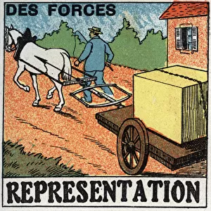 Forces: a horse pulling a car. Anonymous illustration from 1925. Private collection