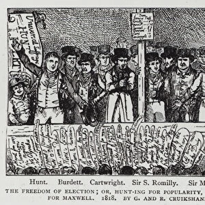 The Freedom of Election; or, Hunt-ing for Popularity, and Plumpers for Maxwell, satire depicting candidates at the Covent Garden hustings during the Westminster election of 1818 (engraving)
