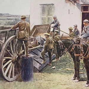 French Lancers arriving at a village outpost, coming in aid of the British forces