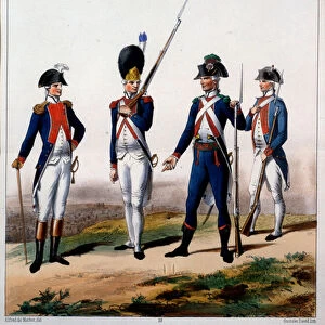 French Revolution: uniforms of the National Guard in Paris. Lithograph of Gustave David, 19th century Paris. Police Prefecture