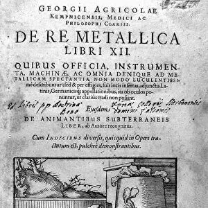 Frontispice of "De Re metallica", 1621, dealing with the extraction and shaping of metals (engraving)