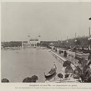 Gewerbe Ausstellung 1896: Hauptgebaude und Neuer See, vom Hauptrestaurant aus gesehen (b / w photo)