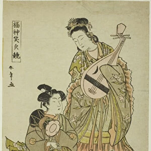 The Goddess Benten Holding a Biwa and a Young Man Holding a Shoulder Drum, from the series "Comparing the Smiles of the Lucky Gods, late 1780s (colour woodblock print;koban)