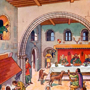 In the Great Hall of a Norman Castle (colour litho)