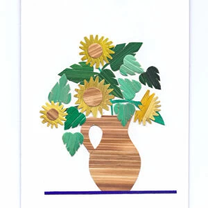 A greeting card of a jug of sunflowers made out of wood veneers, circa 1970