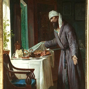 Gueule de bois du matin (Morning Hangover) - Peinture de Firs Sergeevich Zhuravlev (1836-1901), huile sur toile, 40x29, 6 cm, fin 19eme siecle - Collection privee