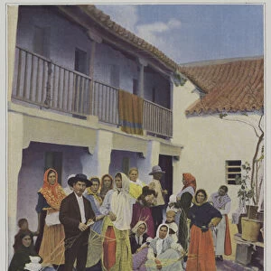 Gypsy weavers at Triana, a suburb of Seville (colour litho)