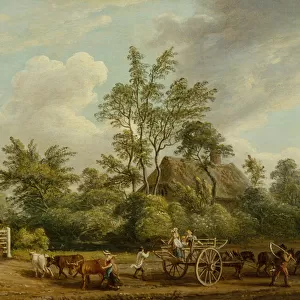 A Hay Cart wit Farm Labourers and Cattle near Easton Park, Suffolk (oil on canvas)
