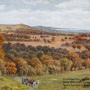 Highdown Hill (above Goring), near Worthing, looking towards Seven Sisters and Beachy Head (colour litho)