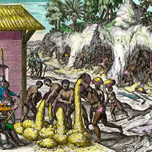 History of America: Spaniards exploit gold mines. The Indians work before the eyes of