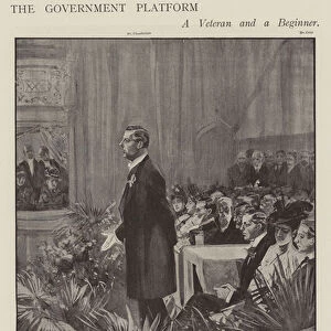 Joseph Chamberlain speaking on behalf of Conservative candidates Winston Churchill and Charles Crisp at Oldham, Lancashire, during the 1900 General Election campaign (litho)