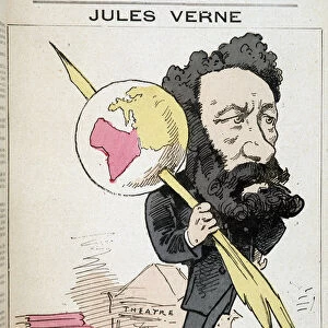 Jules Verne pinching the earth to his pen - by Gill, in "The men of today"
