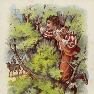 King Charles II hiding in the Boscobel Oak after his defeat at the Battle of Worcester, 1651 (chromolitho)