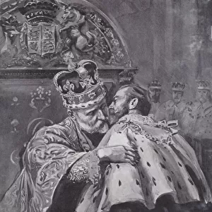 King Edward VII embracing his son, the Prince of Wales, at the kings coronation, Westminster Abbey, London, 1902 (litho)