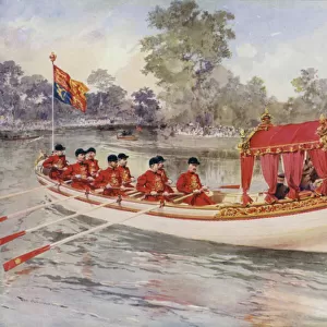 King George V and Queen Mary on the Thames on board the State Barge, visiting Henley Regatta, 1912 (colour litho)