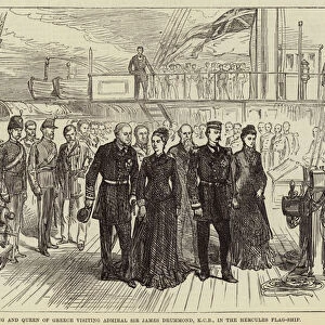 The King and Queen of Greece visiting Admiral Sir James Drummond, KCB, in the Hercules Flag-Ship (engraving)