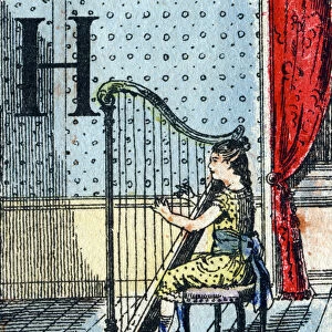 Letter H girl playing harp. ABC of the little girls. Epinal imaging, 1875. Popular series