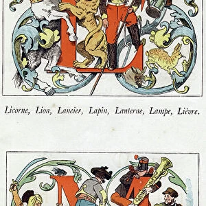 Letter L: Unicorn, Lion, Lancer, Rabbit, Lantern, Lamp, Lievre; M: Mamluk, Muletier, Musician, Marchand. engraving in " Alphabet"