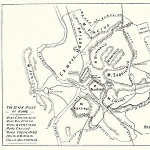 Map of the walls and seven hills of ancient Rome (litho)