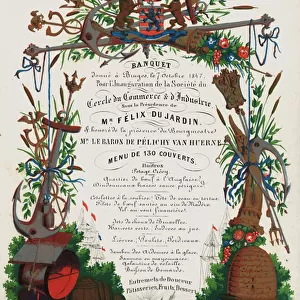 Menu of a banquet held to celebrate the inauguration of the Society of the Circle of Commerce and Industry, Bruges, Belgium, 7 October 1847 (colour litho)