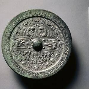 Mirror Featuring Deities and Kings in Three Sections Surrounded by Rings of Squares
