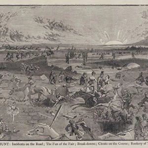 The Money Hunt: Incidents on the Road; The Fun of the Fair; Break-downs; Cheats on the Course; Rookery of Thieves (engraving)