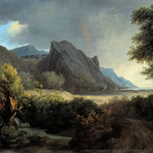 Mountain landscape bathes by the sea, the rainbow Painting by Pierre de Valenciennes