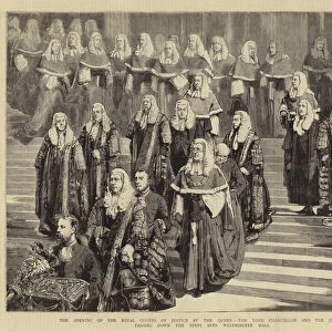 The Opening of the Royal Courts of Justice by the Queen, the Lord Chancellor and the Judges passing down the Steps into Westminster Hall (engraving)