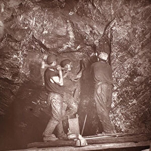 Overhand Stoping, Cooks Kitchen mine, illustration from Mongst mines and miners, or Underground Scenes by Flash-Light by J. C. Burrows and William Thomas, pub. 1893 (sepia photo)
