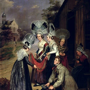 A Peddler Selling Scarves to Women from Troyes (oil on canvas)