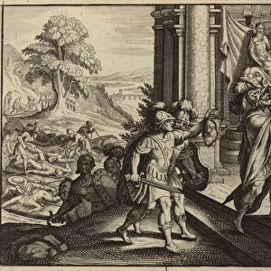 Philistines putting the head of Saul in the temple of their god Dagon (engraving)