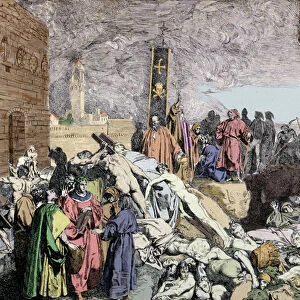 The plague of 1348 in Florence (Italy). At the bottom left, with a wreath of Laurier