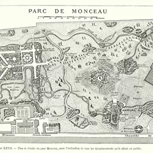 Plan et details du parc Monceau, avec l indication de tous les divertissements qu il offrait au public (engraving)