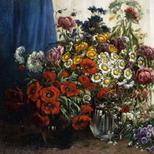 Poppies, Chrysanthemums, Peonies and other Wild Flowers in Glass Vases (oil on canvas)