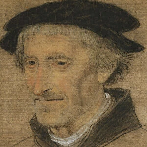 Portrait of a Man, Bust Length, Wearing a Black Hat (black, white & red chalk