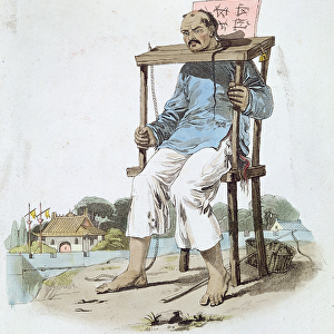 A prisoner in the Cangue in China, c. 1800 (colour engraving)